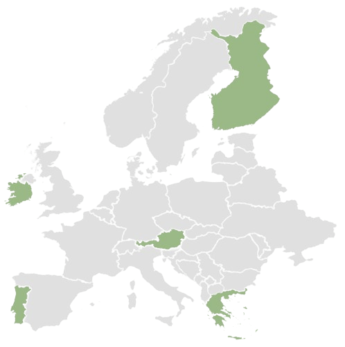World map in which all member countries of the change project are marked. these would be Finland, Greece, Portugal, Ireland and Austria.