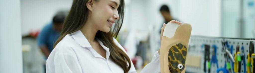 Orthopedic technician making prosthetic leg for disabilities people in workshop.